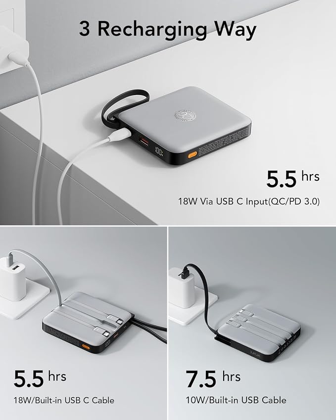 VRURC 20000mAh Portable Phone Charger with 4 Built-in Cables, Power Bank Fast Charging 22.5W USB C Battery Pack, for iPhone 16 15 14 13 12 11 x Samsung Galaxy Series etc, Gray(1 Pack)