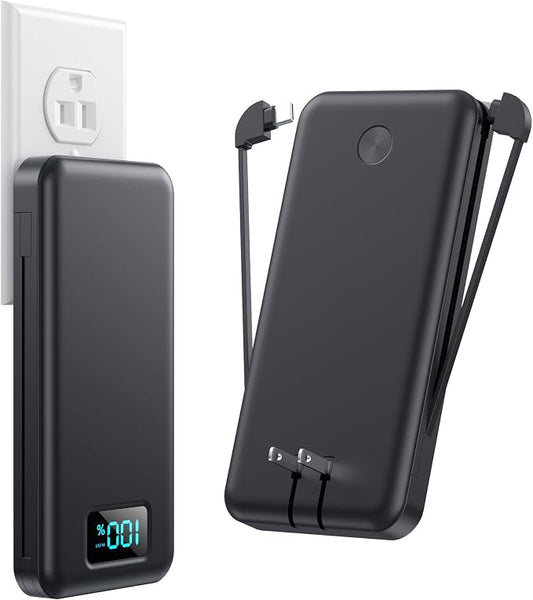 Portable Charger for iPhone with Built in Cables & Wall Plug,10800mah Travel Essentials Power Bank,4 Output LCD Display External Battery Pack Phone Charger for iPhone 17/16/15/14,Galaxy,Android etc