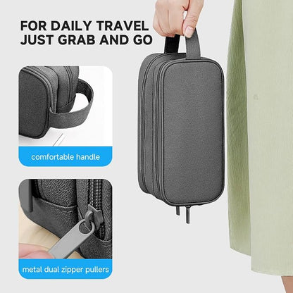 Teskyer Double Layer Cable Organizer Bag, Travel Tech Pouch, Dark Grey | Elastic Bands Organization, Water Resistant Fabric, Multiple Compartments, Padded Protection, Travel and Office Use