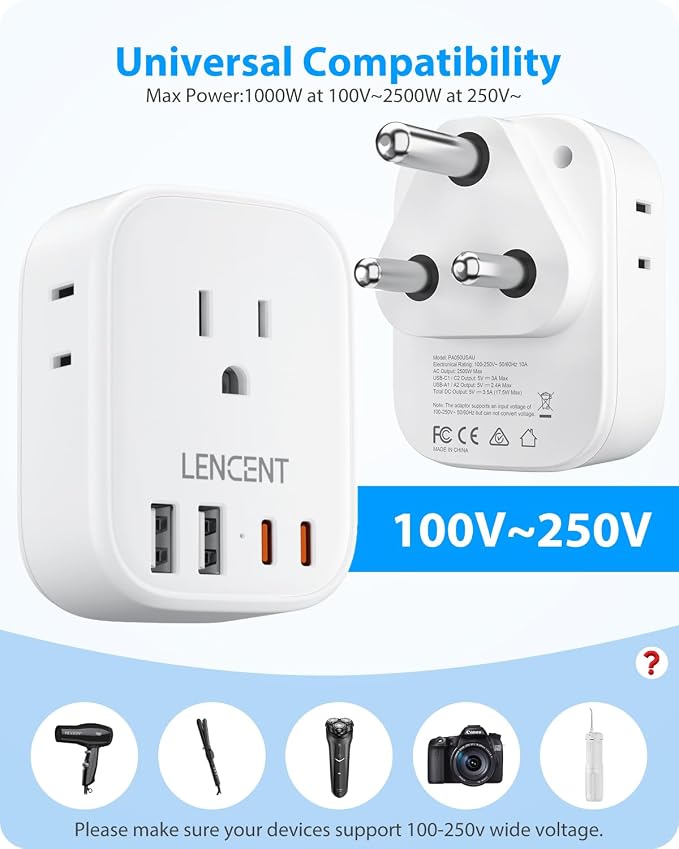 LENCENT South Africa Plug Adapter, Type M Adapter for South Africa | 4 American Outlets, 4 USB Ports(2 USB C), Type M Plug Converter for US to Bhutan Botswana Namibia Lesotho Nepal Sri Lanka