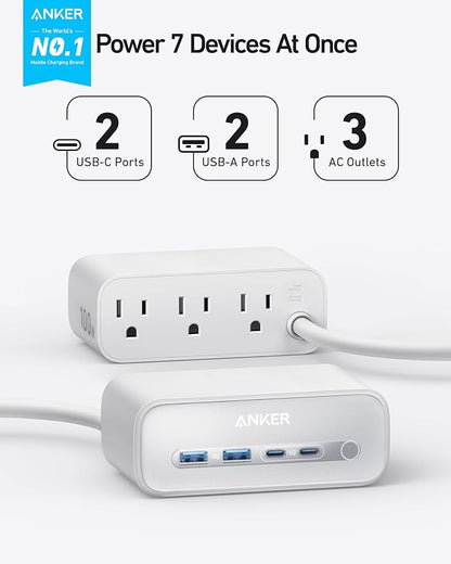Anker Nano Charging Station(100W Max), 7-in-1 USB C Power Strip for iPhone 16/15/14 and MacBook Air/Pro, 5ft Thin Cord,3AC, 2USB A,2USB C,Power Delivery Desktop Accessory for Home&Office(White)