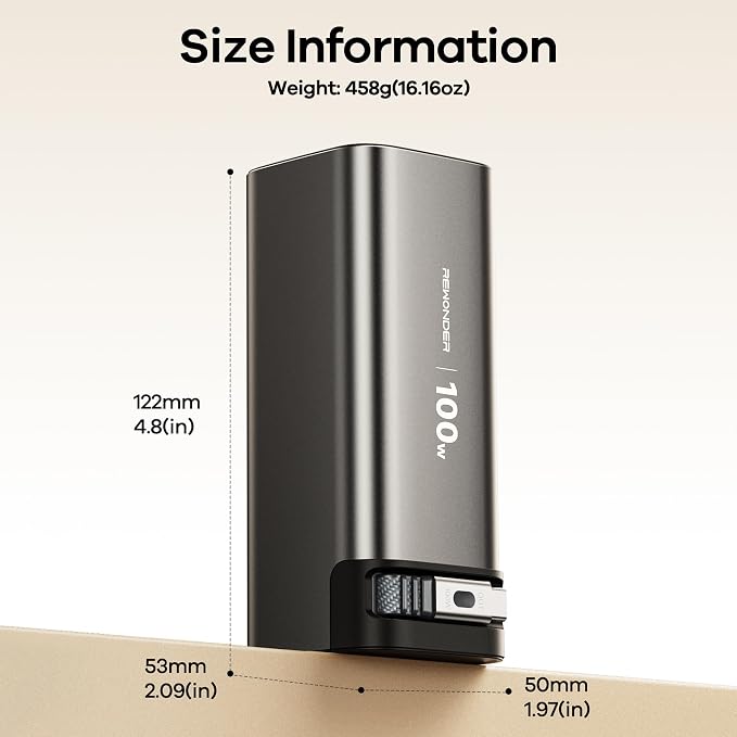 REWONDER 100W Fast Charging Power Bank 20000mAh with Built-in Retractable USB-C Cable, Portable Charger for MacBook Laptop, iPhone 17/16 Series, Samsung, TSA Approved for Air Travel