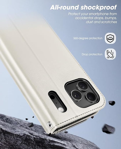 OCASE for iPhone 17 Pro Max Crossbody Wallet Case - Stylish PU Leather Handbag Phone Purse with Zipper Closure, Card Slots & RFID Blocking - Wrist Strap, Lanyard, Kickstand - Cream