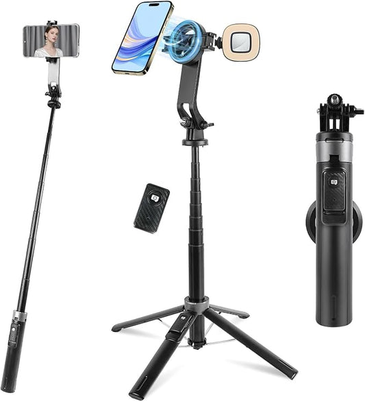 WOVTE Magnetic Selfie Stick Tripod with 2 LED Lights, 52" Tripod for iPhone with Rechargeable Remote, Portable Selfie Stick Compatible with iPhone 16/15/14/13/12 Series, Gopro and Cameras