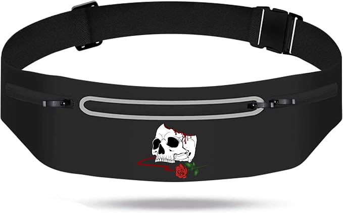 Horror Skull Rose Slim Running Belts Fashion Reaper Grim Fanny Packs for Women,Adjustable Black Fitness Belt with Zipper Pockets,Waterproof Reflective Running Belt for Men Marathon Jogging Gear Gift