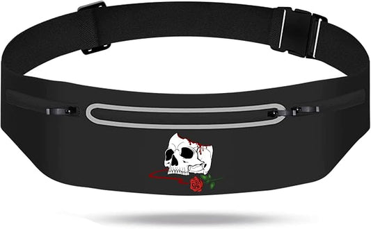 Horror Skull Rose Slim Running Belts Fashion Reaper Grim Fanny Packs for Women,Adjustable Black Fitness Belt with Zipper Pockets,Waterproof Reflective Running Belt for Men Marathon Jogging Gear Gift