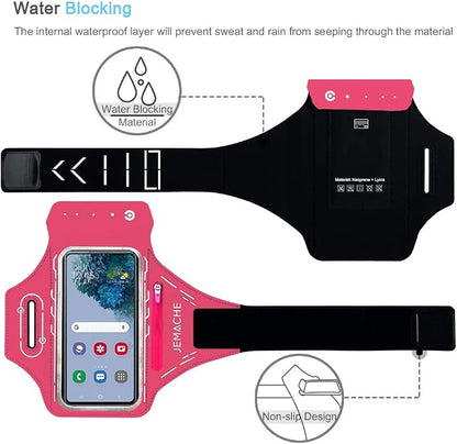 JEMACHE Armband for Samsung Galaxy S26 S25 S24 S23 S22 Ultra/Plus/FE, Gym Running Workouts Arm Band with Earbuds Holder (Rosy)