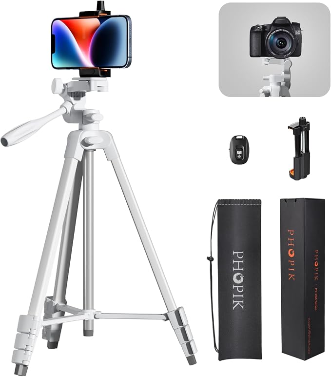 PHOPIK Extendable Tripod Stand - 55" Phone Tripod with 360 Panorama, Shutter-Video, 1/4" Mounting Screw for iPhone/Android/Sport Camera&Insta360 x5 - White