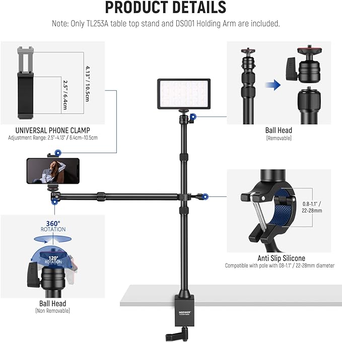 NEEWER TL253A+DS001 Table Camera Tripod with 2 Telescopic Arms, Phone Holder, Ball Heads, Screw Adapter, Table Light Stand for Camera, Mobile Phone, Webcam, Ring Light