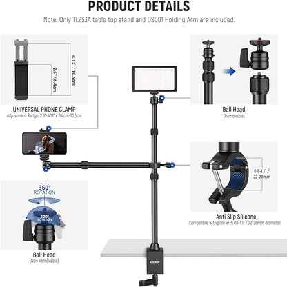 NEEWER TL253A+DS001 Table Camera Tripod with 2 Telescopic Arms, Phone Holder, Ball Heads, Screw Adapter, Table Light Stand for Camera, Mobile Phone, Webcam, Ring Light