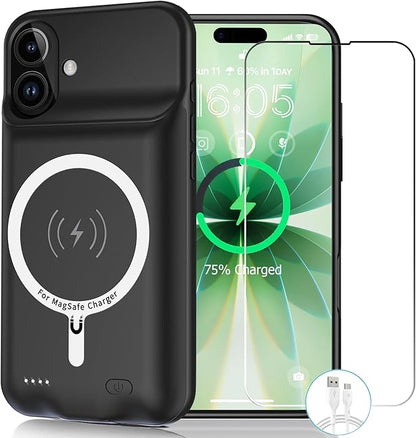 Wireless Charging Case for iPhone 17, 10000mAh High Capacity Portable Rechargeable Protective Extended Battery Case Qi Wireless Charging with iPhone 17(6.3 inch) Extended Battery Charger Case (Black)