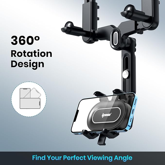 IPOW Large Rearview Mirror Phone Holder, Rotatable and Retractable, Anti-Shake Phone Mount for Car Compatible with iPhone 17/16/15/14/13/12/11 Pro Max, Samsung All 4-7 Inch Phones