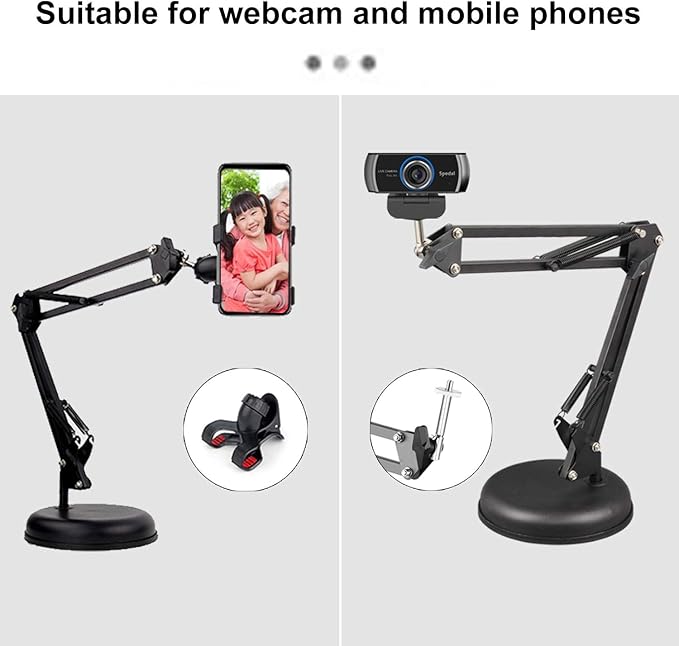 Spedal Desktop Webcam Stand with Weighted Round Base, Adjustable Scissor Arm Camera Mount with Phone Holder, 1/4" Thread MF920Pro, Smartphones, Overhead Recording & Live Streaming