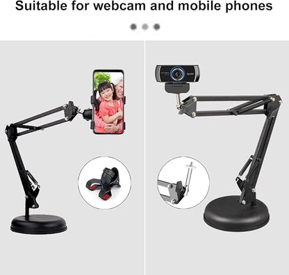 Spedal Desktop Webcam Stand with Weighted Round Base, Adjustable Scissor Arm Camera Mount with Phone Holder, 1/4" Thread MF920Pro, Smartphones, Overhead Recording & Live Streaming