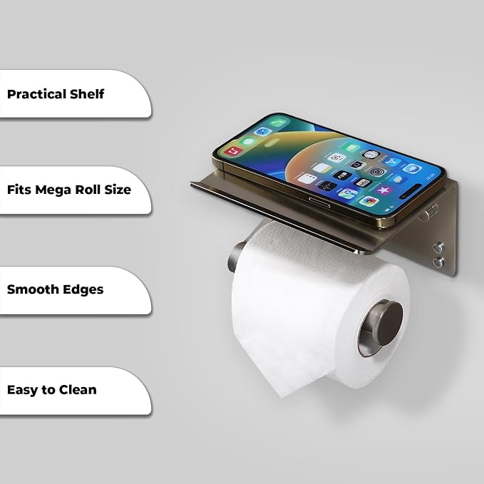 Homely Trove Toilet Paper Holder with Shelf - Self Adhesive Tissue Towel Dispenser or Wall Mounted Toilet Paper Roll Holder - Rustproof Bathroom Phone Holder Tissue Holder Brushed Nickel