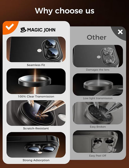 MAGIC JOHN for iPhone 17 Camera Lens Protector [Alignment Kit&1:1 Invisible Fit] 9H Aerospace Tempered Glass, Ultra HD, Metal Individual Ring, Set of 2,Black