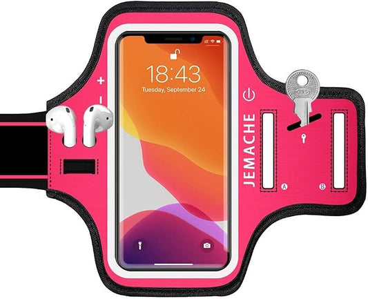 iPhone 17 16 Pro Armband, JEMACHE Gym Workouts Running Arm Band for iPhone 17/16/15/14/13 Pro with Airpods Holder (Rosy)