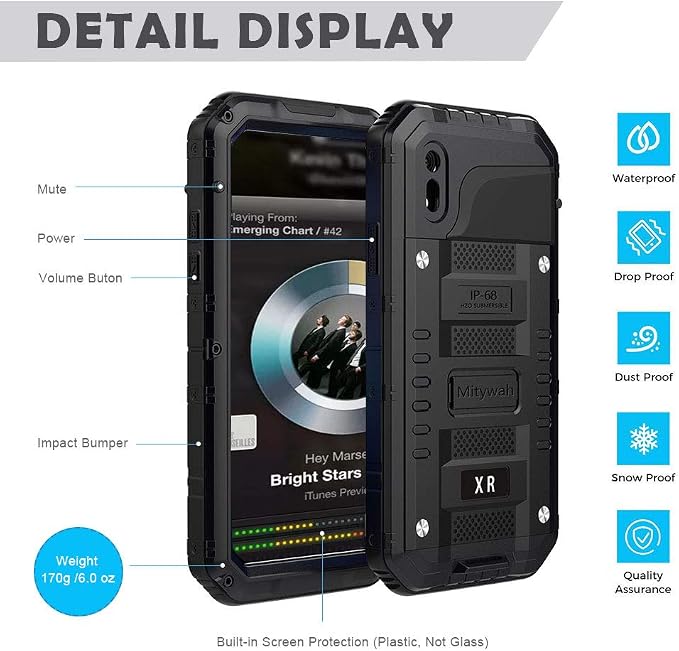 Mitywah Waterproof Case for iPhone XR, Heavy Duty Military Grade Shockproof Case with Built-in Screen Protector, Full Body Underwater Protective Metal Case 6.1 inch, Black