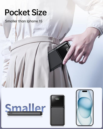 RONEGN Portable Charger Power Bank with Built in Cable 20000mAh | 22.5W USB C Fast Charging Battery Pack for iPhone Android, Slim, LED Display,5 Outputs & 3 Inputs,Travel Essentials