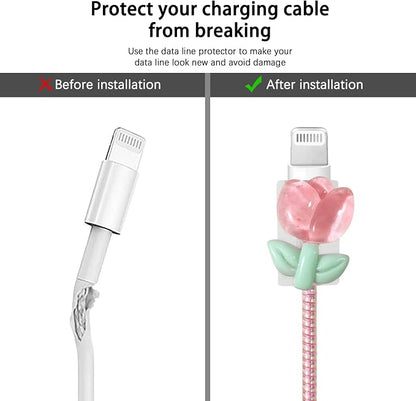 Lovmooful Compatible for iPhone 18W/20W USB-C Charger Cover Clear Lovely 3D Flower Floral Design Soft Charger Protector Cute Cable Case Saver Protector for Girls Women-Pink Tulip