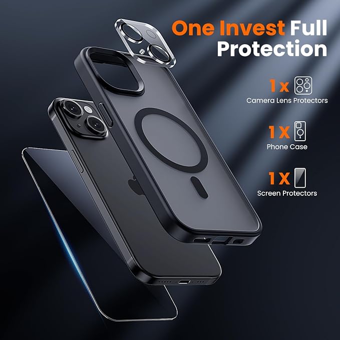 3 in 1 for iPhone 15 Case with MagSafe, Screen Protector*1 Camera Lens Protector*1,Matte Skin Feeling Back Cover Military-Grade Protection for iPhone 15 Phone Case 6.1 inch Matte Black