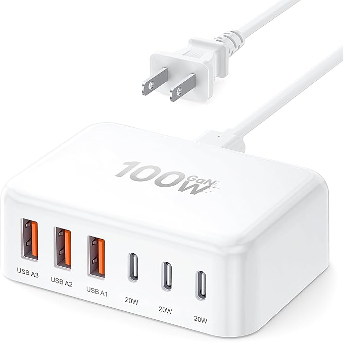 [2026 Updated] USB C Fast Charger, 100W GaN 6 Port Type C Charging Station Hub Block Cube, USB C Wall Charger Power Strip Adapter Plug for iPad iPhone 17 16 15 14 Pro Max Pixel Note Galaxy, 5ft Cord