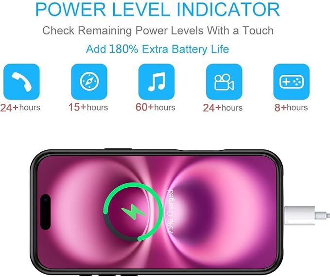 Battery Case for iPhone 16 Plus, 12000mAh Portable Protective Charging Case with Wireless Charging Compatible with iPhone 16 Plus (6.7 inch) Rechargeable Battery Pack Charger Case with Carplay (Black)