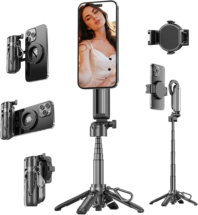 Magnetic Pocket Selfie Stick for iPhone, 4-in-1 Multifunctional Rotation Selfie Stick with Rechargeable Remote Control Compatible with iOS/Android for Live Streaming Outdoor Travel Shooting
