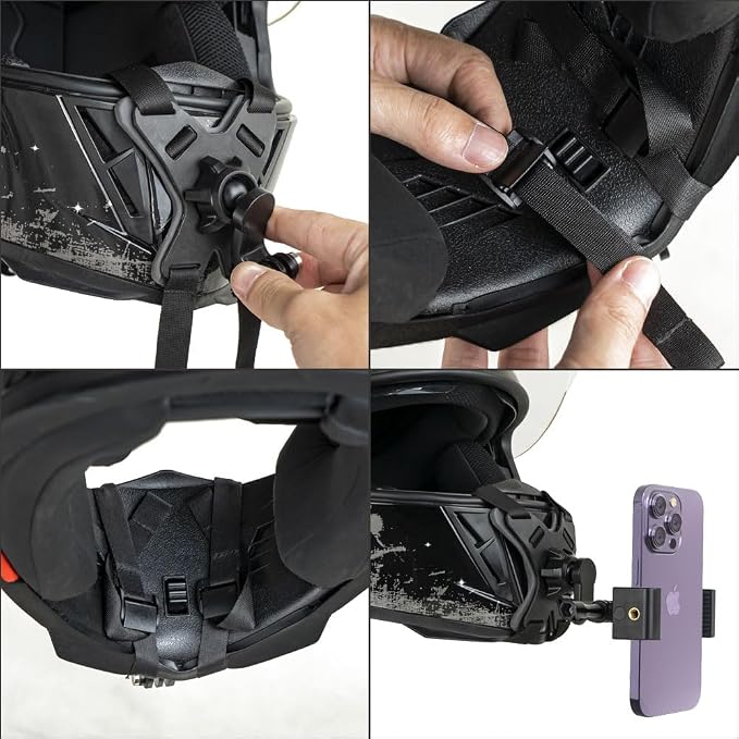 SOH Motorcycle Helmet Chin Strap Mount with Phone Clip, Adjustable Strap Helmet Phone Holder Mount for iPhone 17/16 Pro Max/15/14, Google, Samsung, LG, Pixel, Huawei, Xiaomi,All Smartphones