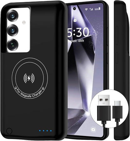 Battery Case for Samsung Galaxy S25/S24,10000mAh Qi Wireless Charging Magnetic Rechargeable Extended Charge Case, Portable Protective Power Bank for Samsung S25/S24(6.2") Black