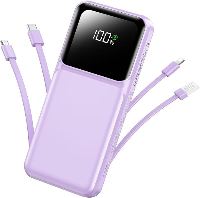 RONEGN Portable Charger with Built in Cable -20000mAh Fast Charging Power Bank USB C Slim 22.5W LED Display Battery Pack 5 Outputs & 3 Inputs for Travel Essentials iPhone Samsung Phones Purple