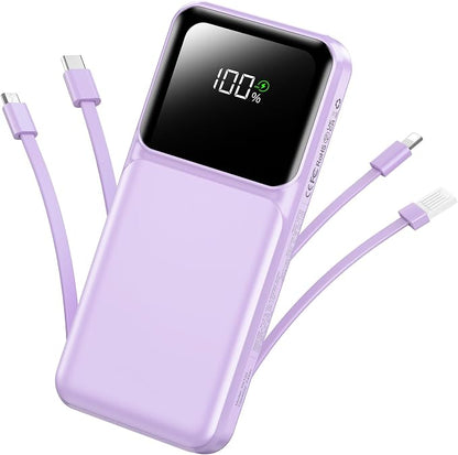 RONEGN Portable Charger with Built in Cable -20000mAh Fast Charging Power Bank USB C Slim 22.5W LED Display Battery Pack 5 Outputs & 3 Inputs for Travel Essentials iPhone Samsung Phones Purple