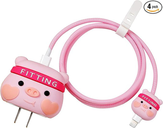 3D Cute Cartoon Charger Protector Case - Compatible for Apple 20W USB-C Power Adapter and Lightning Cable (Pink Pig)