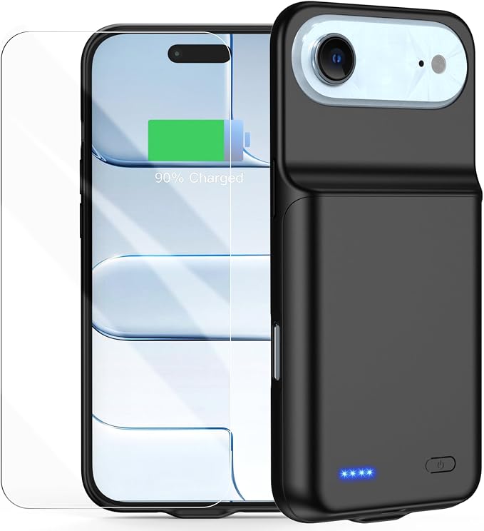 Battery Case for iPhone 17 AIR, Ultra-Slim 7000mAh Portable Extended Charging Charger Case Rechargeable Battery Pack with Tempered Glass Screen Protector for iPhone 17 AIR (6.5 inch)-Black