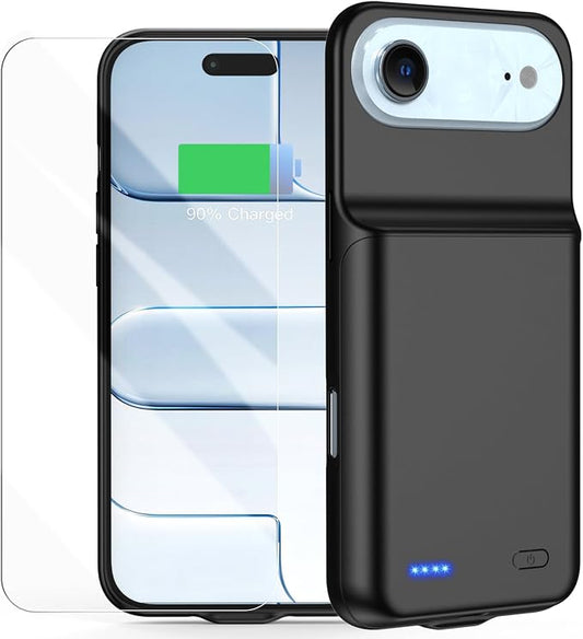 Battery Case for iPhone 17 AIR, Ultra-Slim 7000mAh Portable Extended Charging Charger Case Rechargeable Battery Pack with Tempered Glass Screen Protector for iPhone 17 AIR (6.5 inch)-Black