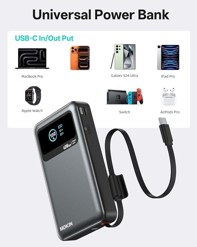 MOKiN 10000mAh 40W 3-in-1 Portable Phone Charger with Foldable Plug, Built-in USB-C Cable & LCD Display, All-in-One Power Bank for Travel Daily Use Compatible with iPhone 17/16/15 Series, Samsung