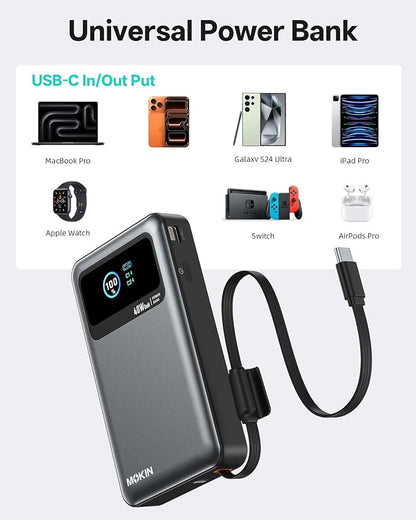 MOKiN 10000mAh 40W 3-in-1 Portable Phone Charger with Foldable Plug, Built-in USB-C Cable & LCD Display, All-in-One Power Bank for Travel Daily Use Compatible with iPhone 17/16/15 Series, Samsung