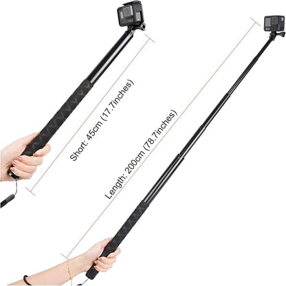 79inch Long Selfie Stick for GoPro 13/12 11 10 9 8 7 6 5 Blcak 4 Silver Go Pro Max Session, DJI Osmo Action 5 4 3 2,AKASO,Insta360 One RS R Cameras, 45-200cm Extendable Pole Monopod