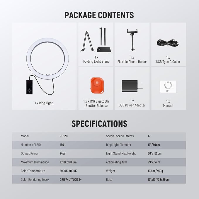 NEEWER 12" 24W High Power LED Ring Light Compatible with iPhone, 60" Overhead Folding Light Stand/Phone Holder Mount for Video Recording Selfie Makeup Streaming, 2900-7000K USB C PD Input CRI97+, RH12