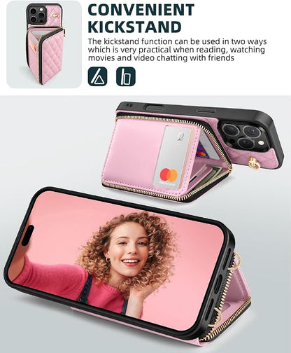 OCASE Compatible with iPhone 16 Pro Crossbody Wallet Case with Card Holder, PU Leather Zipper Handbag Phone Purse with RFID Blocking Kickstand Wrist Strap Lanyard 6.3 Inch, Diamond Check Pink