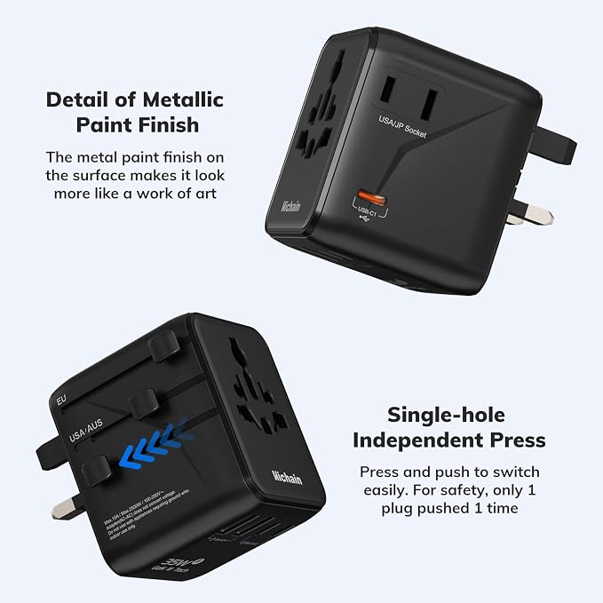 Hichain 7-in-1 Worldwide Plug Universal Travel Adapter | 35W Power International Charger Adapter for Business Travelers Vacationers, Fast Charging for iPhone 17/16, Tablets, GoPro