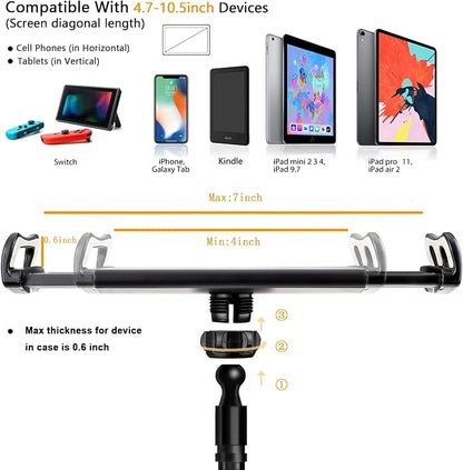 Gooseneck Tablet Holder Stand, Kindle Holder for Bed 33in Flexible Long Arm Clamp Clip Mount for iPad, iPhone, Switch, Galaxy Tabs, Kindle Fire, Phone 4.7''-11'' Tablet Devices