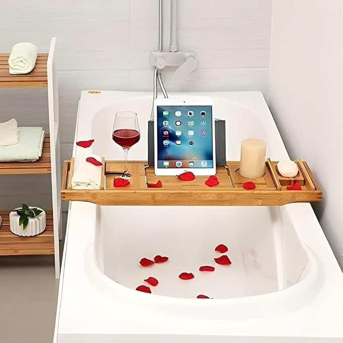 Creative Factory Luxury Bathtub Caddy Tray, Four Storage Rooms on the Board with Grey Fabric for Electronic Tablet Holder or a Book, Soap or Phone, Glass of Wine Slot (Natural Bamboo Wood Color)