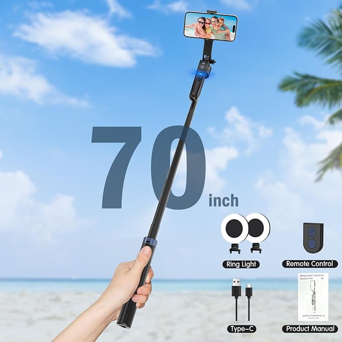 Auto Face Tracking Tripod for iPhone with Light,70inch Phone Tripod Holder with Gesture Control,Travel Selfie Stick for Content Creator Vlog Live Stream Video Recording