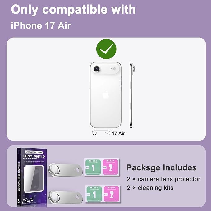 2 Pack Camera Lens Protector for iPhone 17 Air,[Not Easy to Breakn ] AR Tempered Glass Strong Adsorption Metal Camera Cover Screen-Silvery