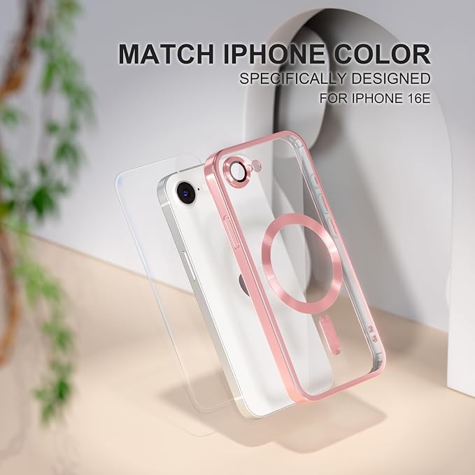 Misea Magnetic for iPhone 17e / 16e Case Compatible with MagSafe [Never Yellowing] [Military Grade Drop Protection] Full Camera Lens Protector Plating Soft Clear Phone Case for Women 6.1 inch, Pink