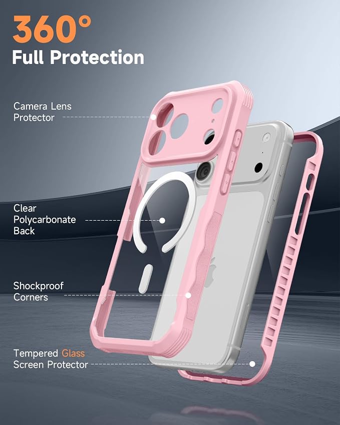 seacosmo for iPhone 17 Pro Case, Full Body Bumper with Built-in Tempered Glass Screen Protector and Camera Lens Protection, Compatible with MagSafe, Shockproof 17 Pro Phone Case, 6.9", Pink