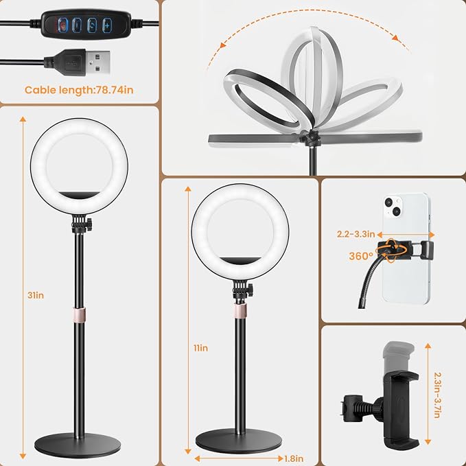 MACTREM 10“ Desk Ring Light with Stand, Desktop LED Circle Halo Light with Phone Holder for Computer Zoom Meeting, Laptop Light for Conference Video Calls, Live Streaming, Podcast, Selfie, Makeup
