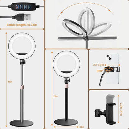 MACTREM 10“ Desk Ring Light with Stand, Desktop LED Circle Halo Light with Phone Holder for Computer Zoom Meeting, Laptop Light for Conference Video Calls, Live Streaming, Podcast, Selfie, Makeup