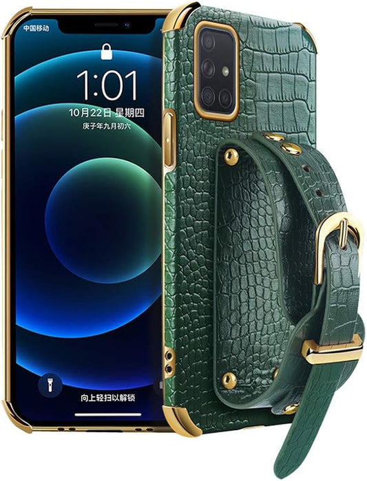 Leather Case Compatible with Samsung Galaxy Note20 Phone Cases with Adjustable PU Wrist Strap Kickstand TPU Bumper Cover Shockproof Protective Running Armband Cool 6D Plating Shell(Green)